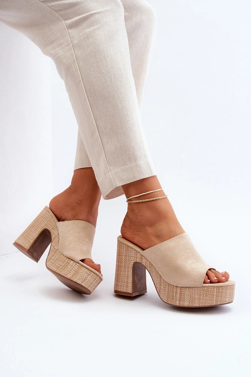 Klapki Damskie Na Obcasie Słupku Beżowe Siobhan