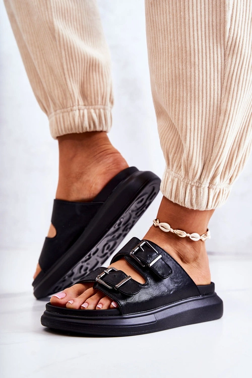 Damskie Skórzane Klapki Ze Sprzączką La.Fi Czarne Nariss