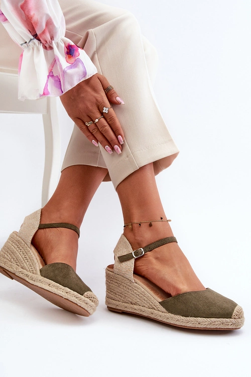 Zamszowe Sandałki Espadryle Na Koturnie Zielone Cammer
