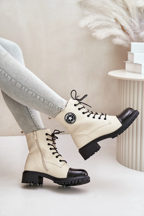 Botki Workery Na Zamek Ocieplane Beżowo-Czarne Soratta