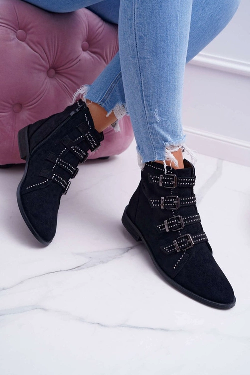 Damskie Botki Zamszowe Nity Klamry Czarne Berugio