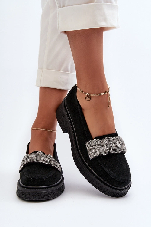 Zazoo 3419 Mokasyny Damskie Zamszowe Z Ozdobnym Paseczkiem Czarne