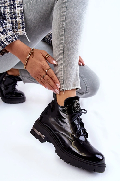 Zazoo 60309 Damskie Lakierowane Botki Na Płaskim Obcasie Czarne