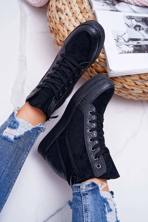 Sneakersy Damskie Ukryty Koturn Czarne Ferrer