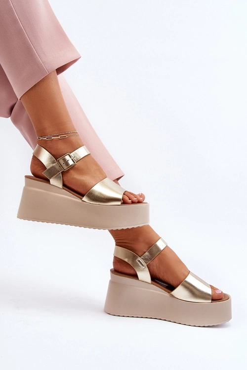 Damskie Sandały Na Koturnie Złote Geferia