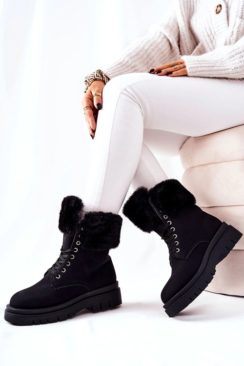 Skórzane Ocieplane Botki Z Futerkiem Czarne Farley