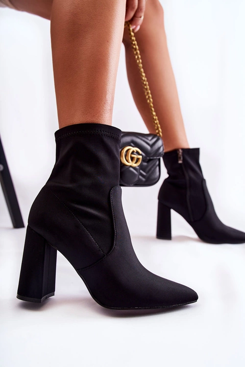 Damskie Botki Materiałowe Na Obcasie Czarne Amile