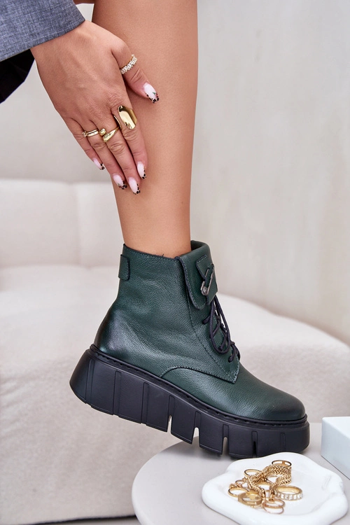 Zazoo 60511 Skórzane Botki Damskie Na Platformie Ocieplane Ciemnozielone