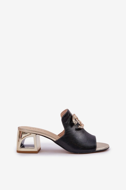 Eleganckie Skórzane Klapki Na Obcasie Laura Messi 2875 Czarno-Złote