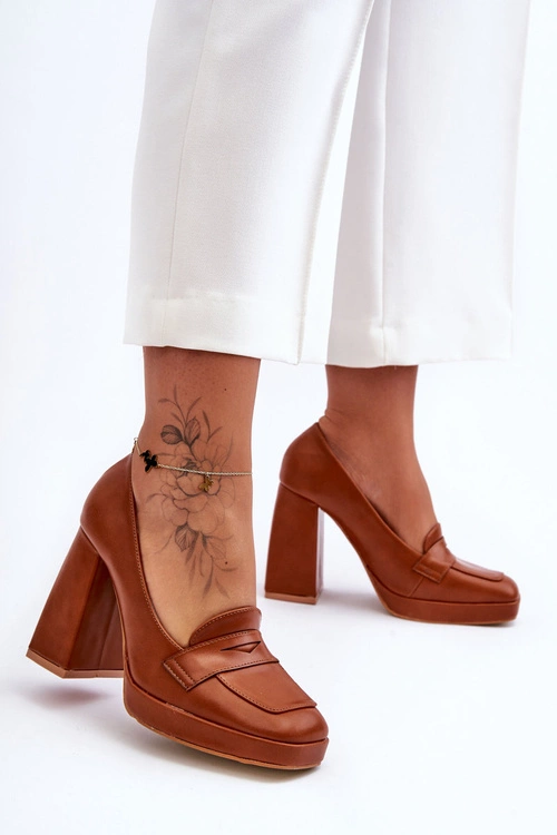 Czółenka Skórzane Na Wysokim Obcasie Camel Alisa