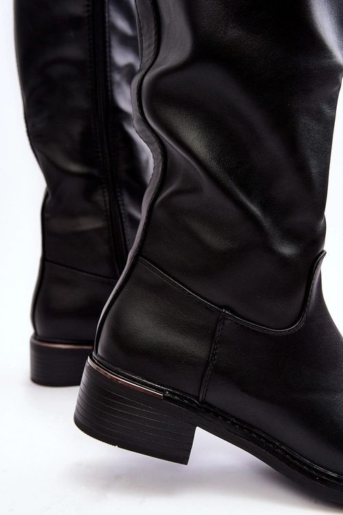 Damskie Kozaki Na Płaskim Obcasie Przed Kolano Czarne Aviare