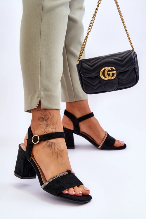 Damskie Zamszowe Sandały Na Niskim Słupku Czarne Loredo