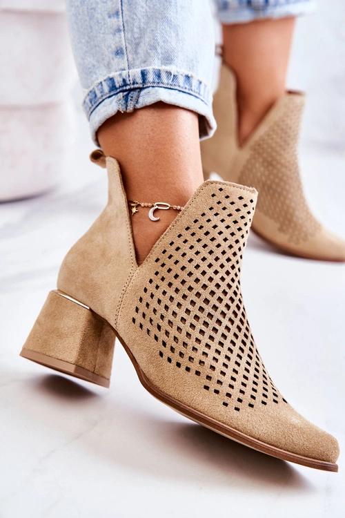 Zamszowe Ażurowe Botki Lewski Shoes 3165 Beżowe