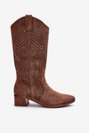 Ażurowe Kozaki Na Niskim Obcasie Brązowe Walea
