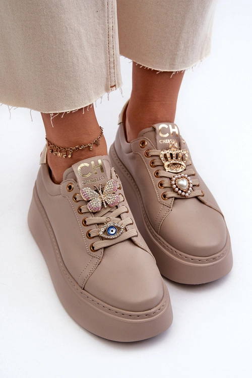 Damskie Skórzane Sneakersy Z Ozdobami CheBello 4292 Beżowe