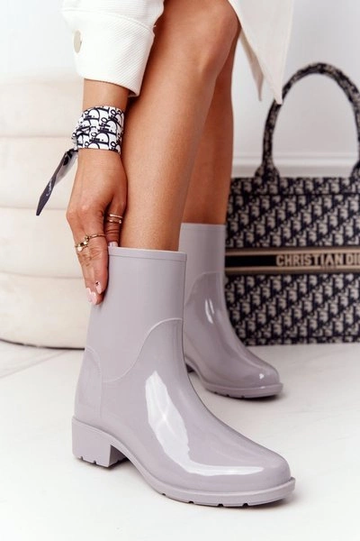 Błyszczące Kalosze Sztyblety Szare Rainy Day