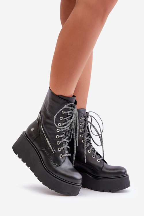 Skórzane Botki Workery Na Platformie I Koturnie Maciejka 06676-01 Czarne