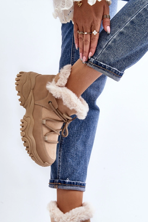 Damskie Botki Trapery Z Futerkiem Beżowe Cresandi