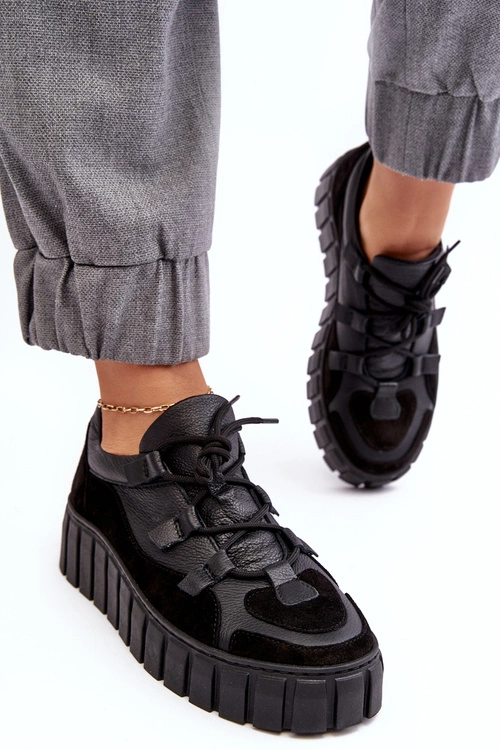 Damskie Skórzane Buty Sportowe Na Platformie M01/1 Zazoo Czarne