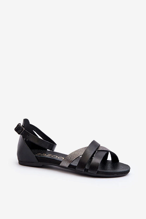 Zazoo 40225 Skórzane Sandały Na Płaskim Obcasie Czarne