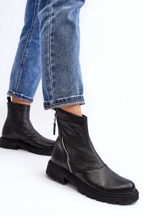 Damskie Skórzane Botki Na Płaskim Obcasie Laura Messi 2620/975 Czarne