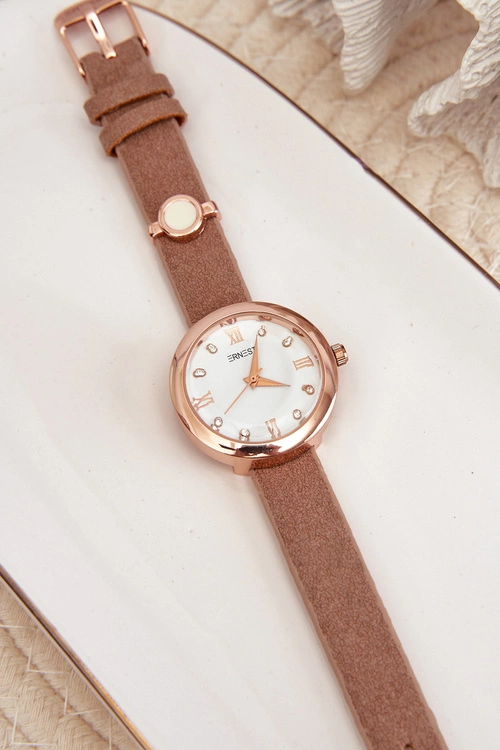 Zegarek Damski Na Cienkim Eko Skórzanym Pasku Brązowy Ernest E62146