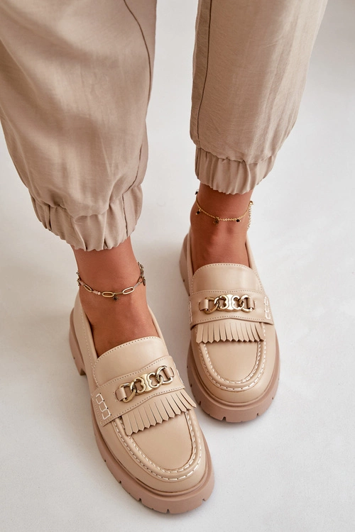 Eko Skórzane Mokasyny Damskie Ze Złotą Ozdobą Beżowe Zanita