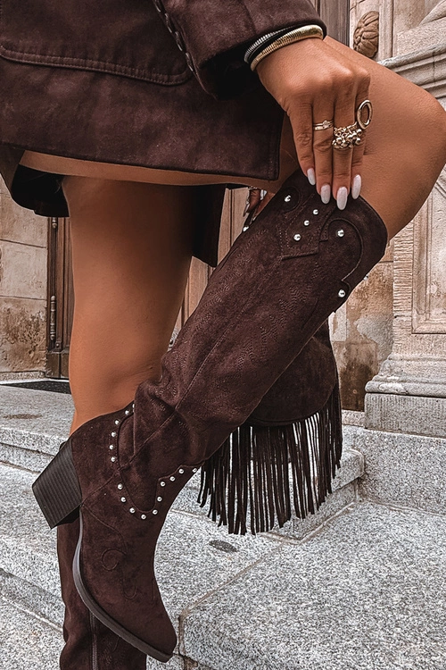 Damskie Kozaki Kowbojki Ze Zdobieniem Na Słupku Czekoladowe Darella