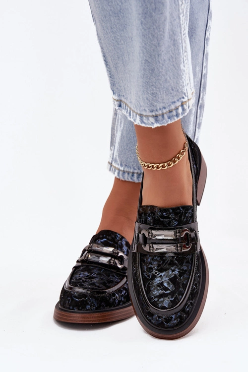 Skórzane Zamszowe Mokasyny Damskie Z Ozdobnym Detalem D&A MR52-178 Czarne