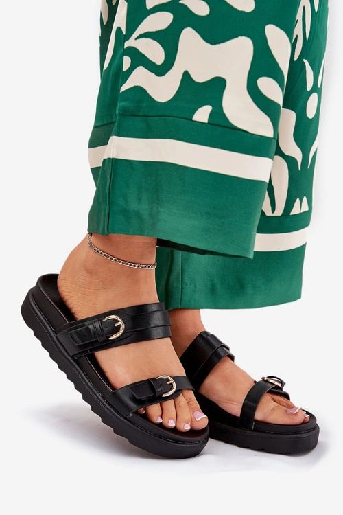 Klapki Damskie Na Platformie Ze Złotymi Klamrami Czarne Wernone