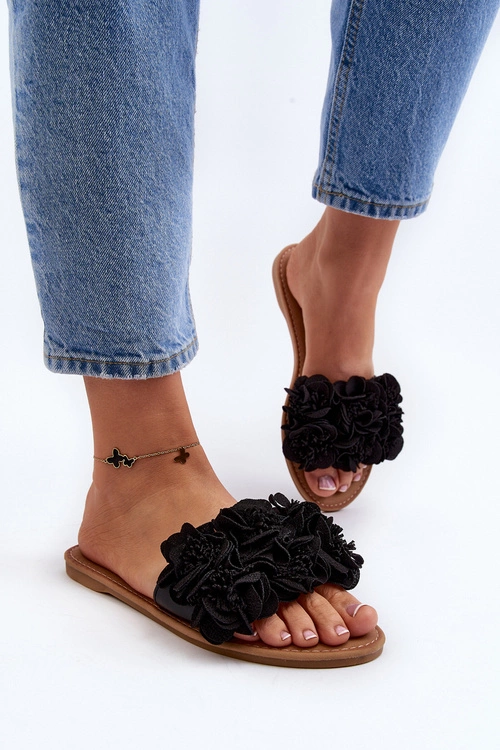 Damskie Klapki Z Kwiatkami Czarne Eelfan