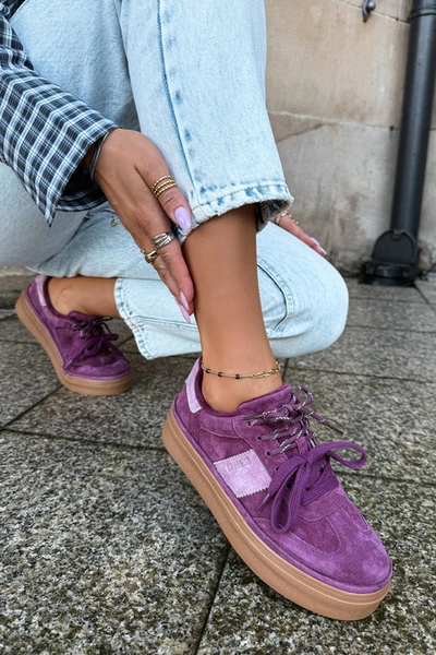 Skórzane Zamszowe Sneakersy Damskie Ocieplane Big Star UU274772 Fioletowe