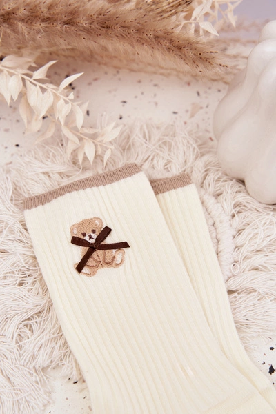 Bawełniane Skarpetki W Prążki Z Misiem Ecru