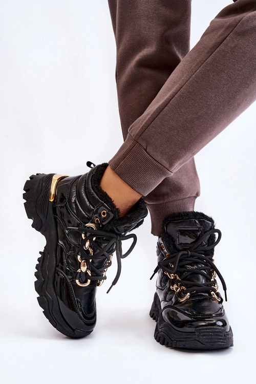 Damskie Ocieplane Buty Sportowe Trapery Sznurowane Czarne Bastini