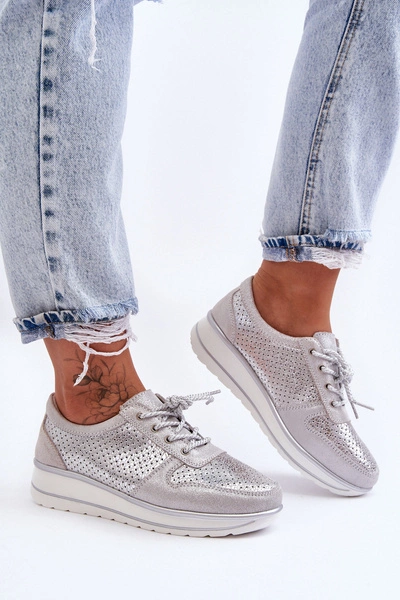 Skórzane Buty Sportowe Z Perforacją S.Barski AL22246 Srebrne