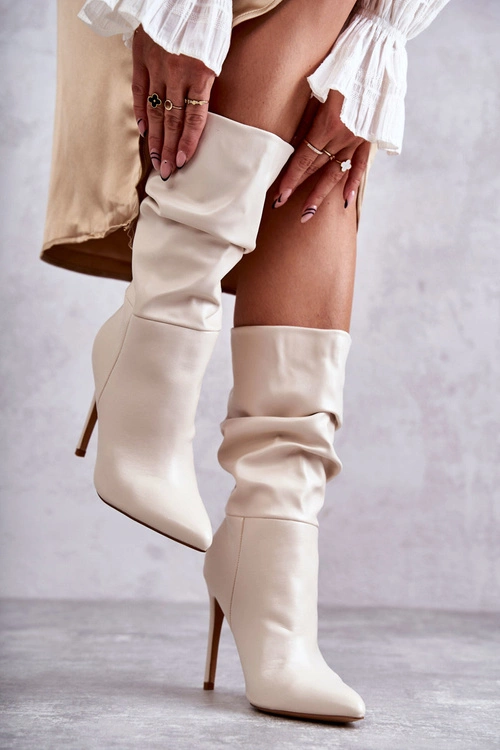 Marszczone Skórzane Kozaki Na Szpilce Jasnobeżowe Caren