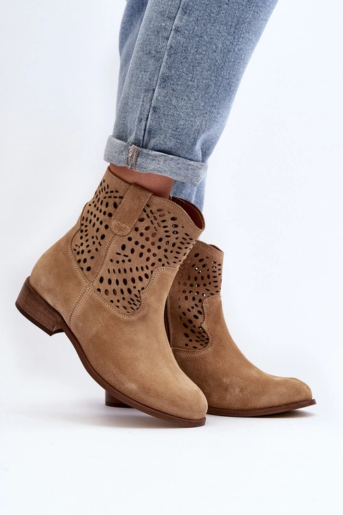 Damskie Ażurowe Botki Lewski Shoes 3305/2 Beżowe