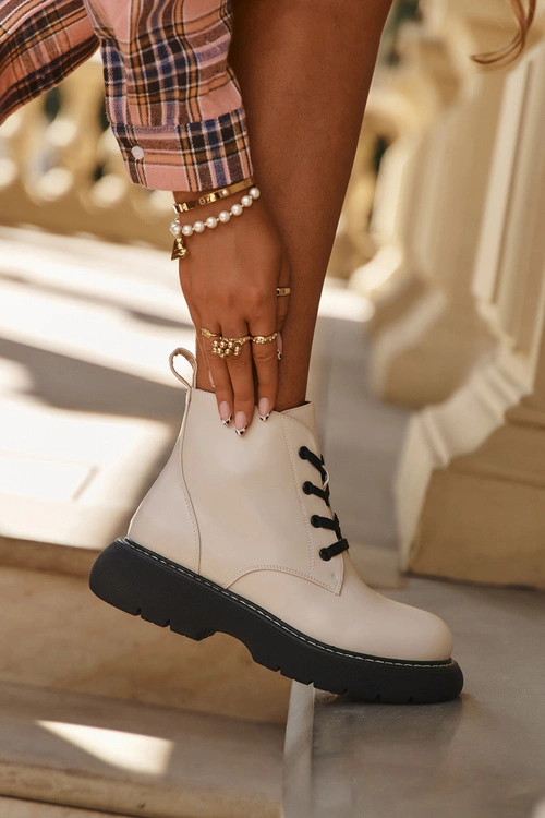 Ocieplane Botki Damskie Na Platformie Sznurowane Jasnobeżowe Harmine