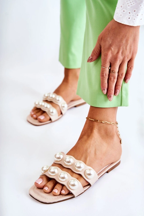 Damskie Skórzane Klapki Z Ozdobnymi Perełkami Beżowe Lasello