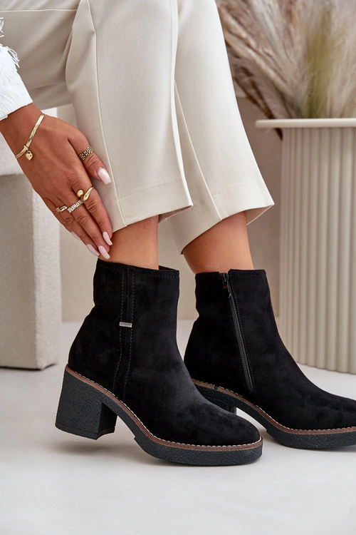 Botki Damskie Na Słupku Ocieplane Eko Zamszowe Czarne Arkesia