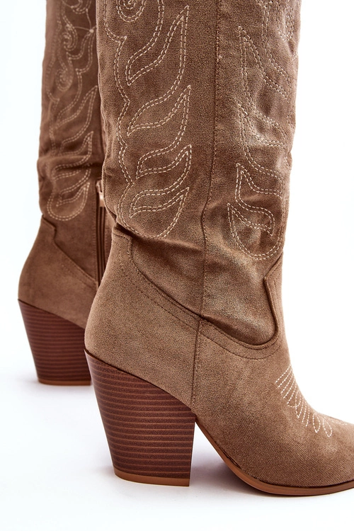 Damskie Kozaki Kowbojki Na Obcasie Beżowe Tomani