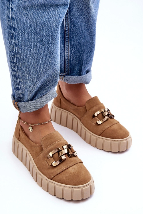 Zamszowe Półbuty Damskie Na Platformie Z Ozdobą Ciemnobeżowe Lewski 3398