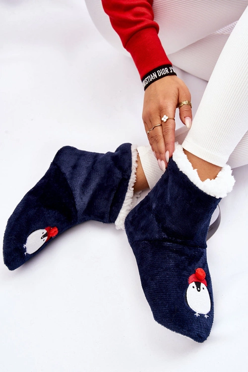 Damskie Wsuwane Ocieplane Papcie Z Pingwinami Granatowe