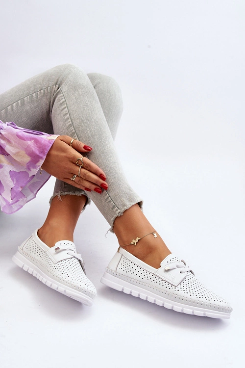 Skórzane Półbuty Damskie Ażurowe Białe Darnissa