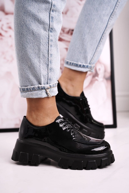 Damskie Półbuty Oxfordy Na Masywnej Platformie S.Barski HX23 Lakierowane Czarne