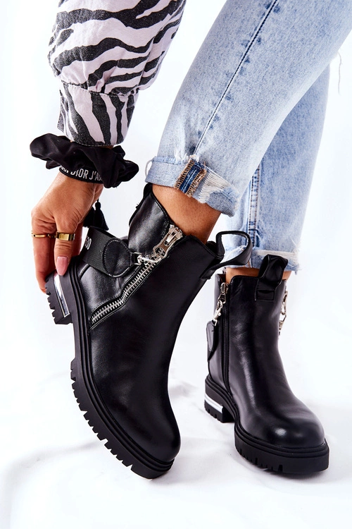 Skórzane Ocieplane Botki Z Suwakiem Czarne Cortona