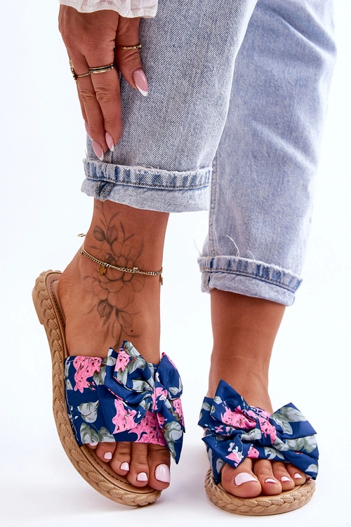 Damskie Klapki Z Materiałową Kokardą Granatowe Blossom