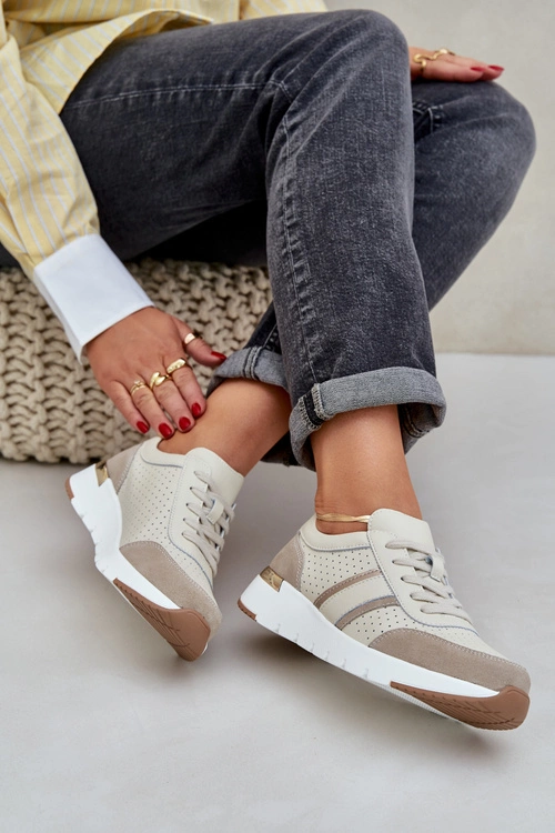 Skórzane Lekkie Sneakersy Buty Sportowe Damskie Beżowe Norlexia
