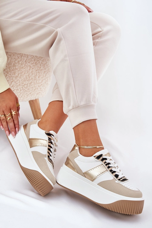 Sneakersy Damskie Na Masywnej Platformie Zwierzęcy Wzór Beżowo-Złote Telanila