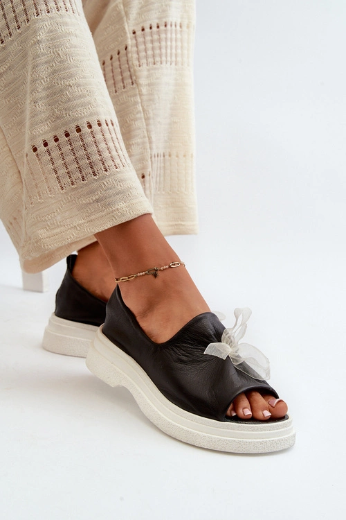 Zazoo 2939 Skórzane Sandały Damskie Z Kokardką Czarne